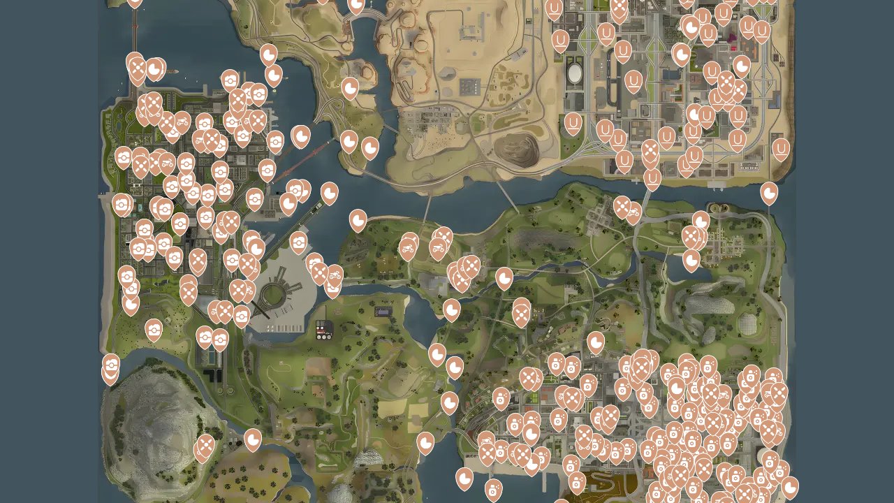 Grand Theft Auto San Andreas The Definitive Edition interactive map filtered to show only Collectibles markers