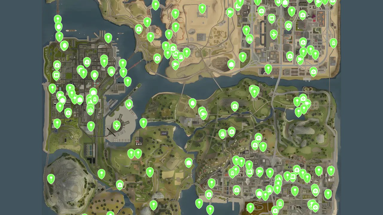 Grand Theft Auto San Andreas The Definitive Edition interactive map filtered to show only Locations markers
