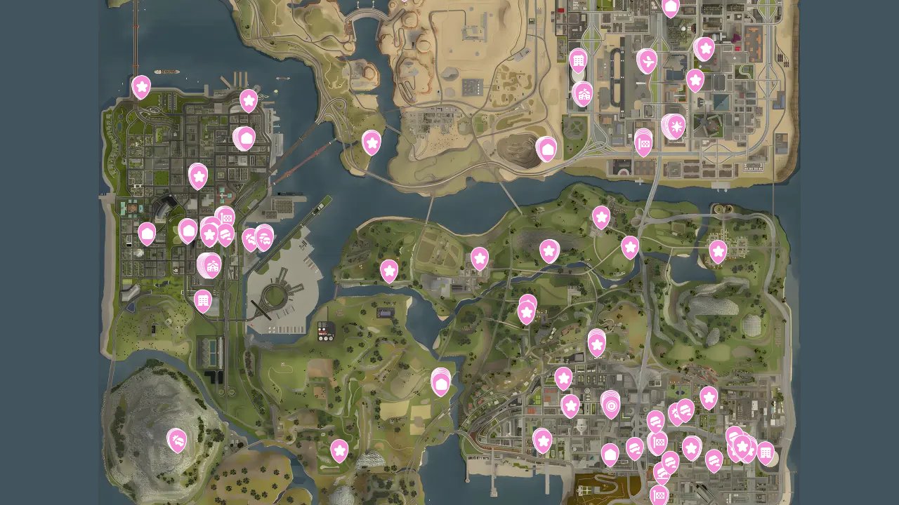 Grand Theft Auto San Andreas The Definitive Edition interactive map filtered to show only Mission markers