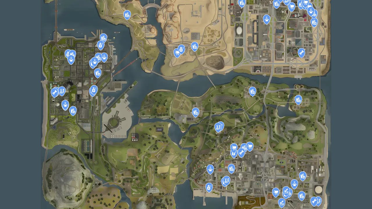 Grand Theft Auto San Andreas The Definitive Edition interactive map filtered to show only Services markers