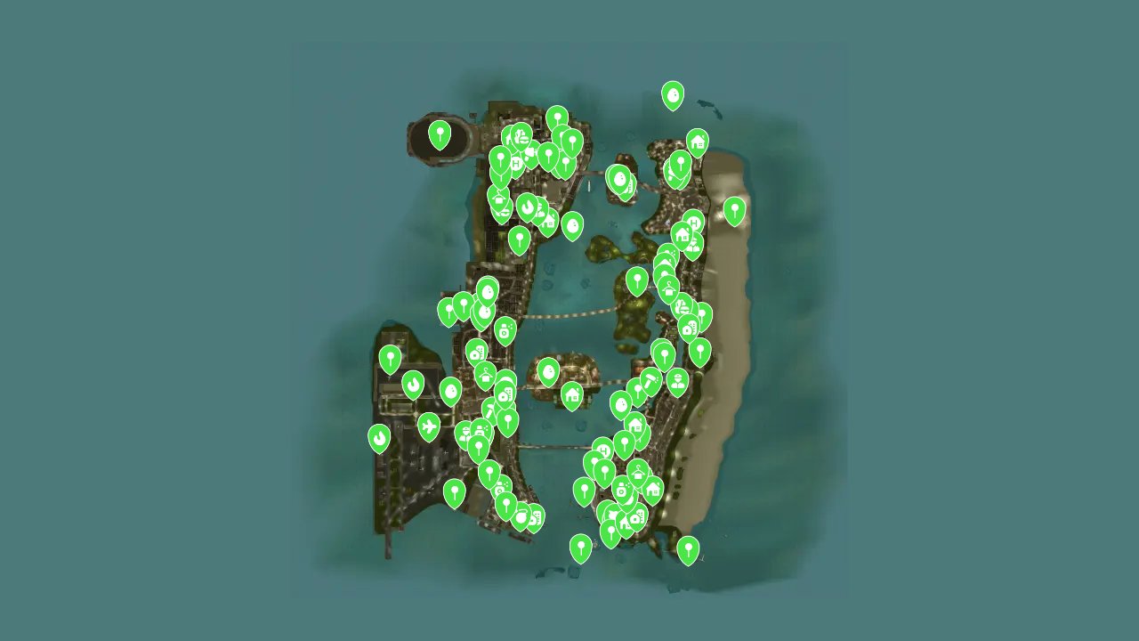 Grand Theft Auto Vice City The Definitive Edition interactive map filtered to show only Location markers