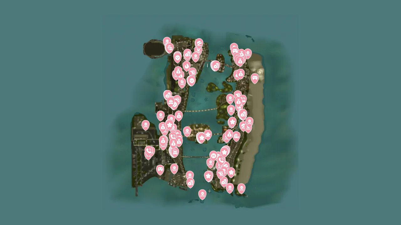 Grand Theft Auto Vice City The Definitive Edition interactive map filtered to show only Mission markers