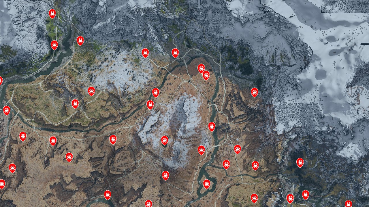 Horizon Zero Dawn interactive map filtered to show only Machines markers
