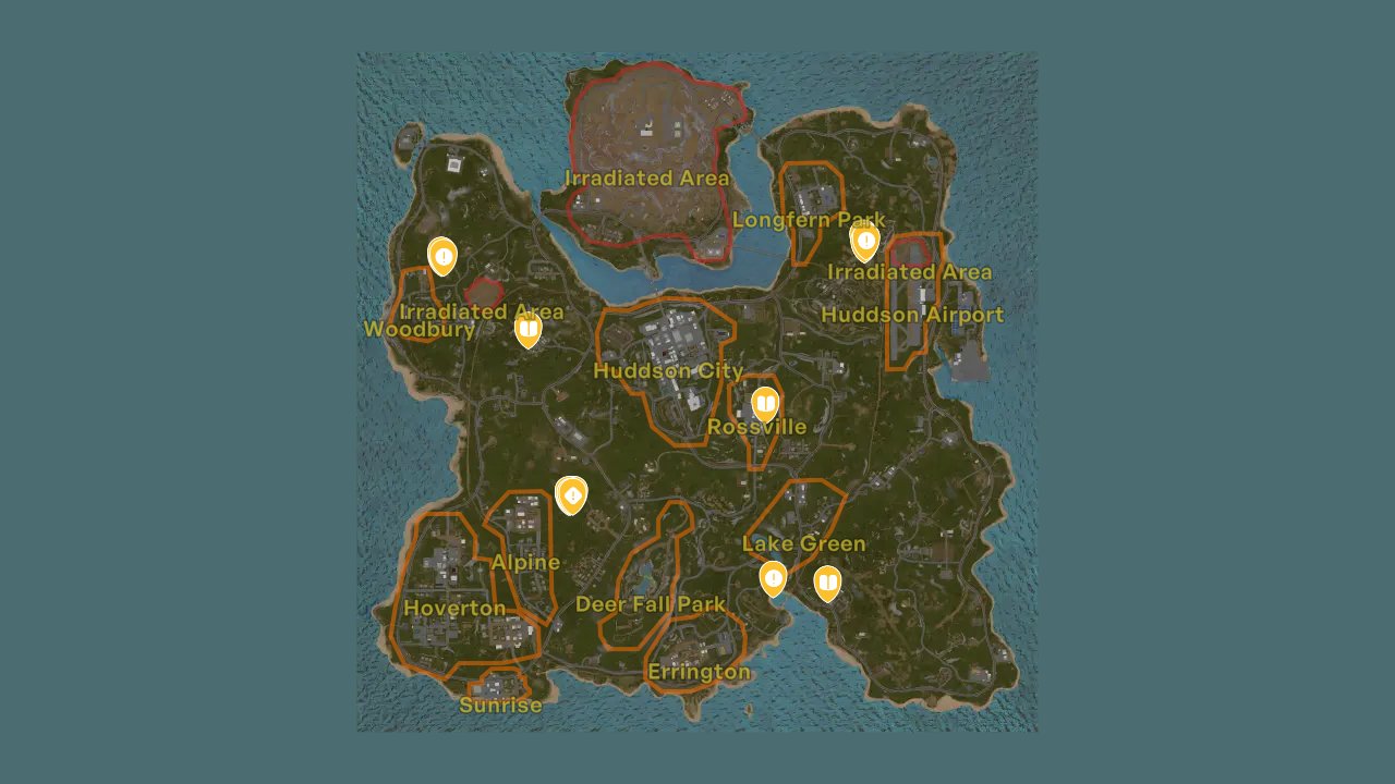 Humanitz interactive map filtered to show only Missions and Lore markers