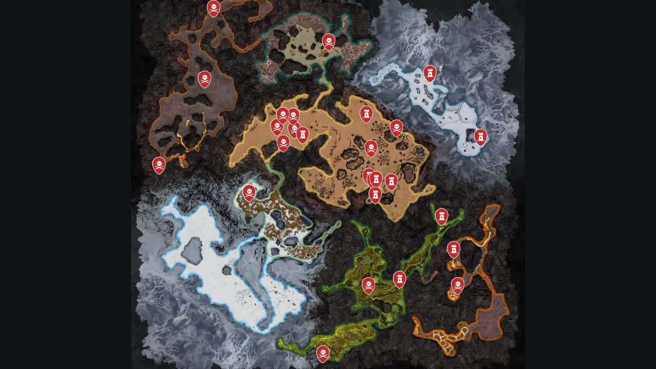 Icarus interactive map filtered to show only Enemies markers