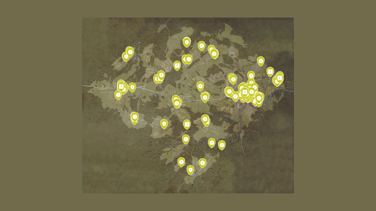 Kingdom Come Deliverance II interactive map filtered to show only Quest markers