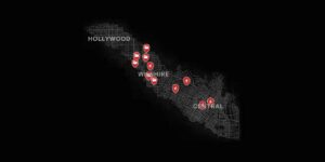 L.A. Noire interactive map filtered to show only Cases and Crimes - Arson Desk markers