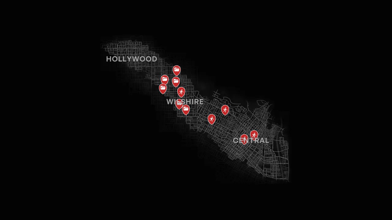 L.A. Noire interactive map filtered to show only Cases and Crimes - Arson Desk markers