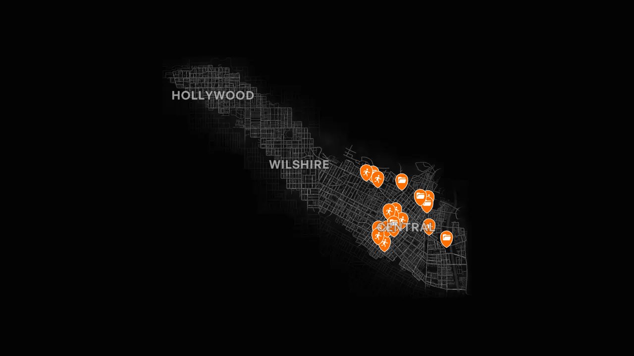 L.A. Noire interactive map filtered to show only Cases and Crimes - Homicide Desk markers