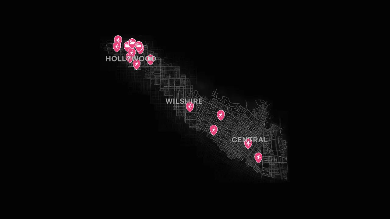 L.A. Noire interactive map filtered to show only Cases and Crimes - Vice Desk markers