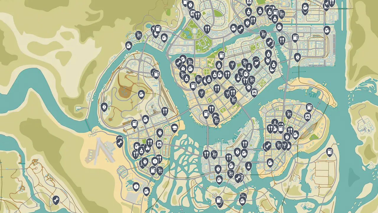 Mafia III interactive map filtered to show only Locations markers
