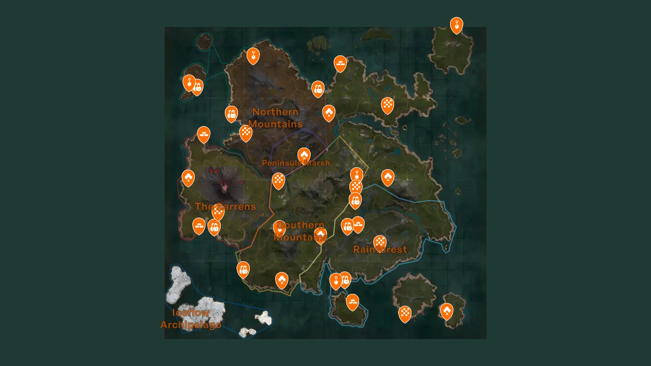 Myth Of Empires interactive map filtered to show only Resource Collection Area markers