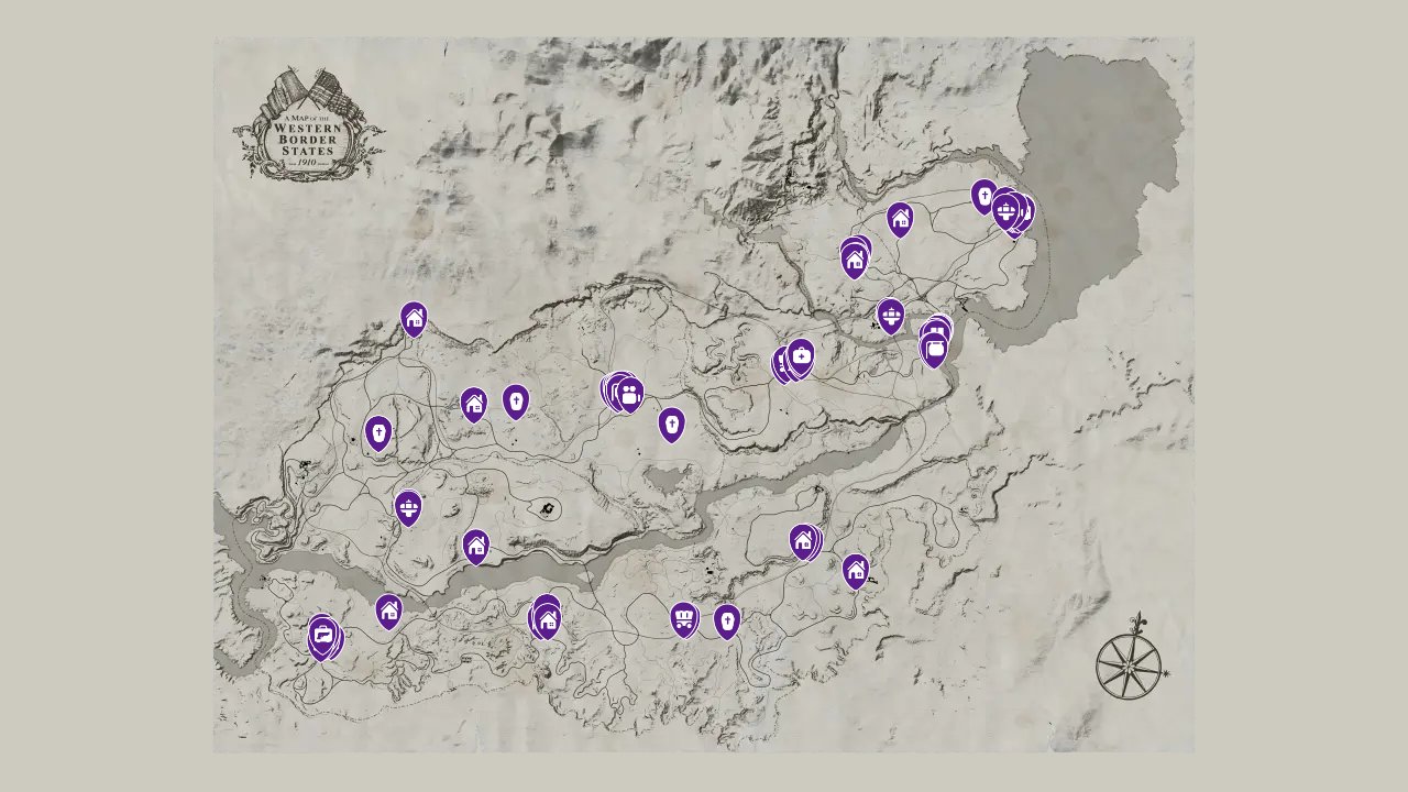Red Dead Redemption interactive map filtered to show only Locations markers