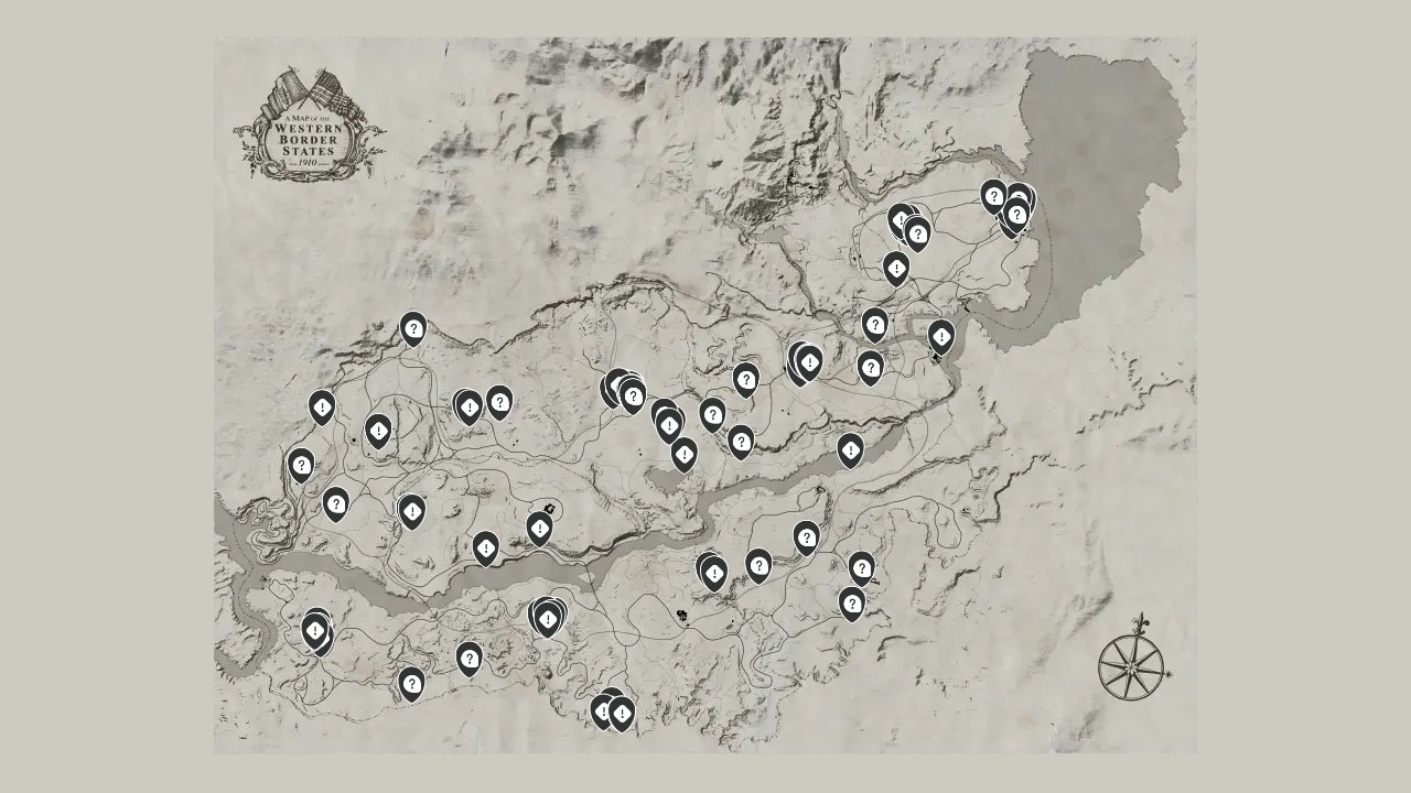 Red Dead Redemption interactive map filtered to show only Missions markers
