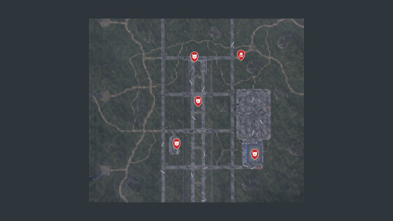 Road To Vostok interactive map filtered to show only Enemies markers