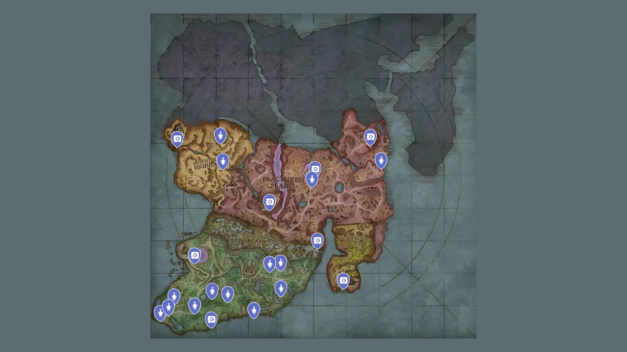 Runescape Dragonwilds interactive map filtered to show only Locations markers