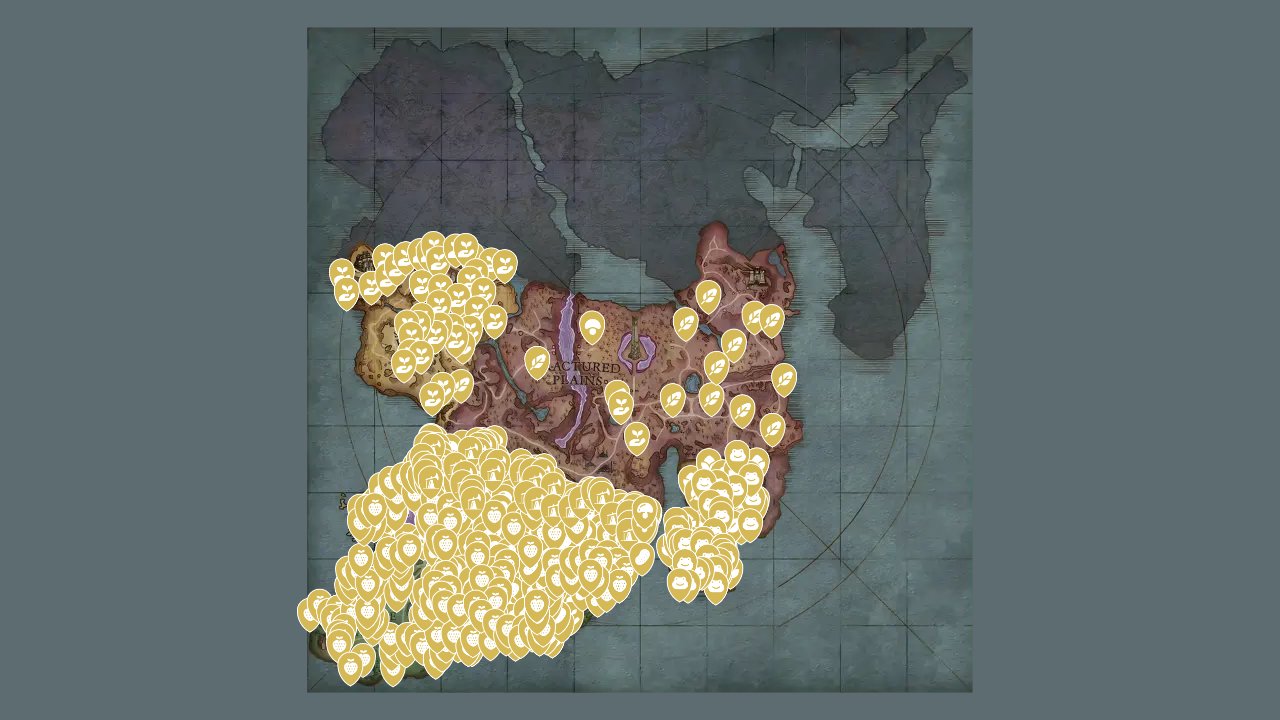 Runescape Dragonwilds interactive map filtered to show only Materials markers