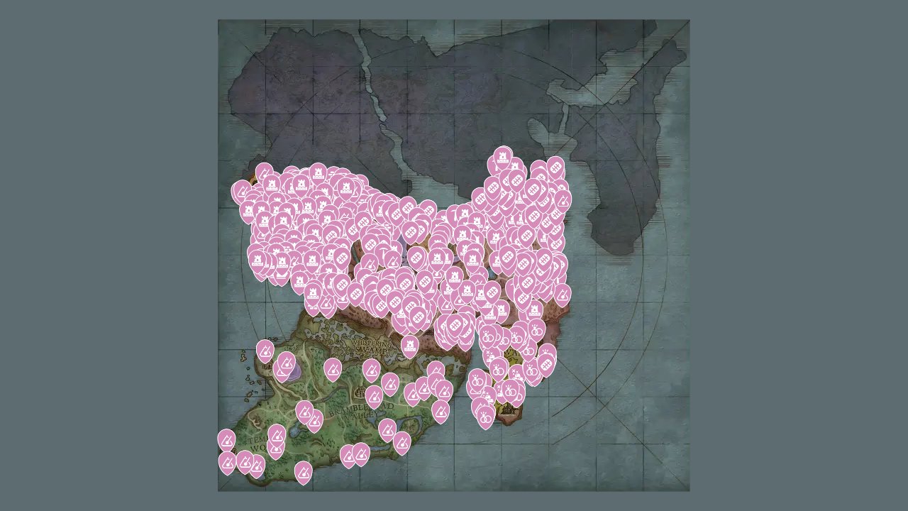 Runescape Dragonwilds interactive map filtered to show only Resources markers