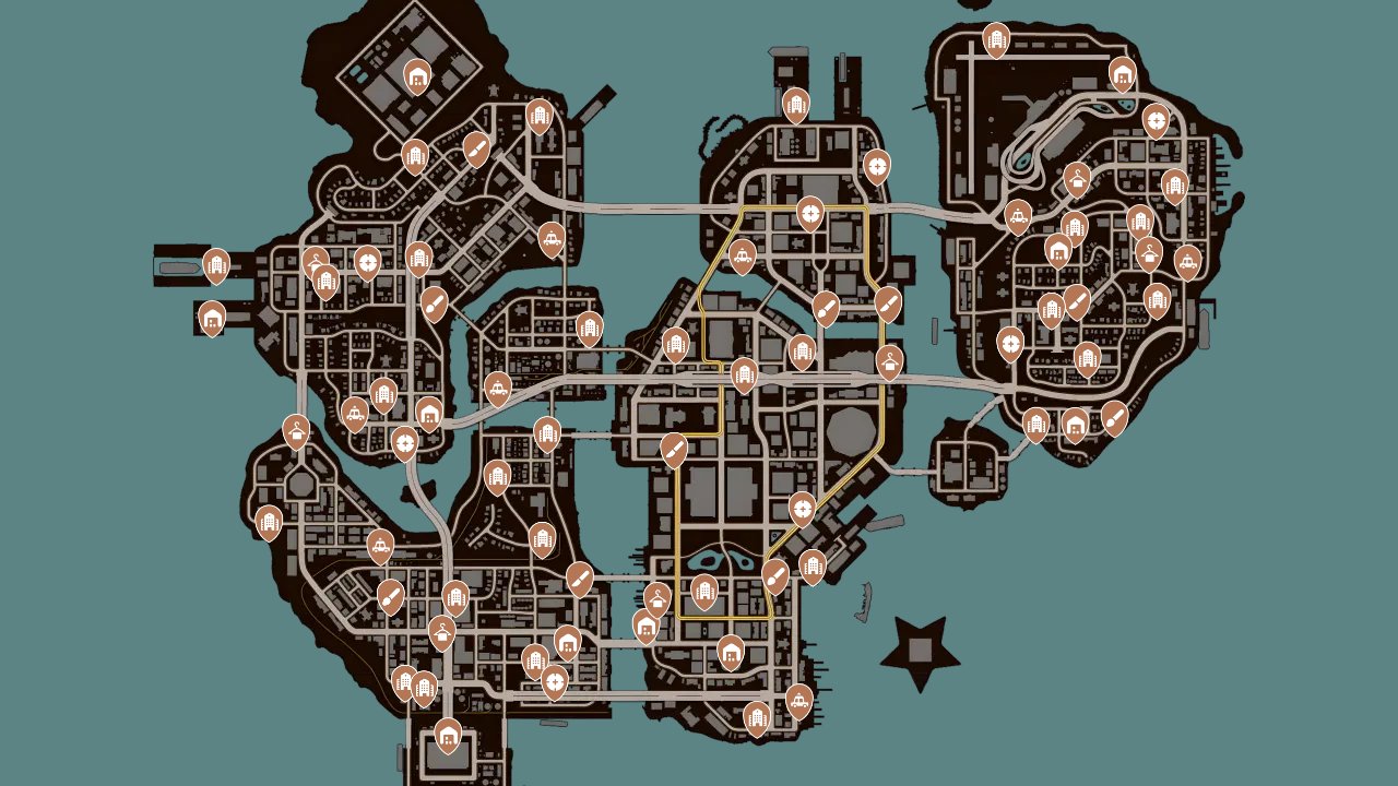Saints Row The Third Remastered interactive map filtered to show only Purchasable Property markers