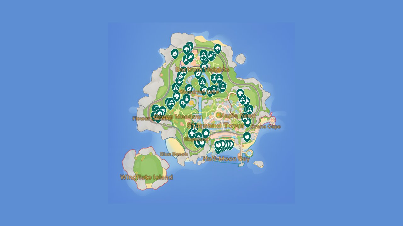 Starsand Island interactive map filtered to show only Gatherables markers