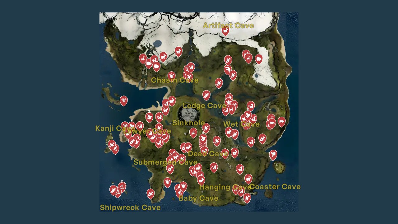 The Forest interactive map filtered to show only Spawn Points markers