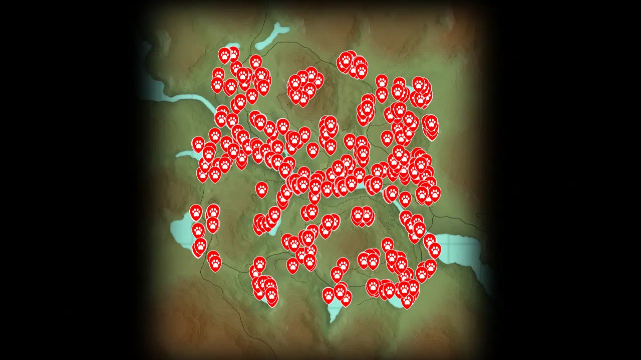 theHunter: Call of the Wild interactive map filtered to show only Huntable Animals markers