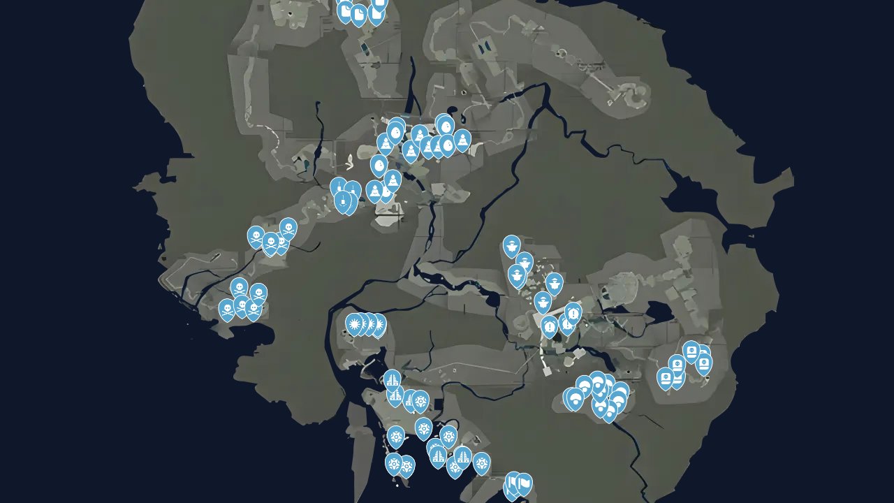 Tomb Raider interactive map filtered to show only Challenges markers