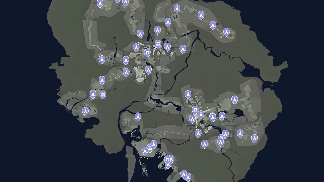 Tomb Raider interactive map filtered to show only Locations markers