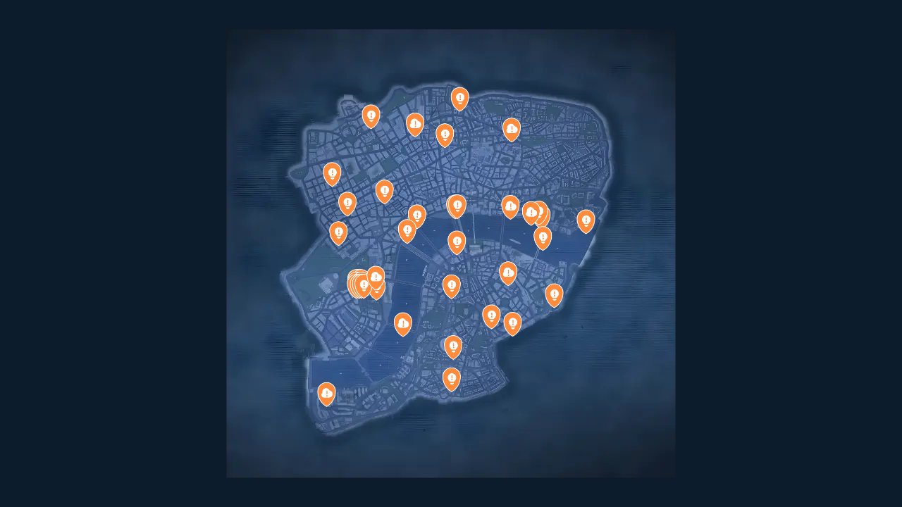 Watch Dogs Legion interactive map filtered to show only Mission markers